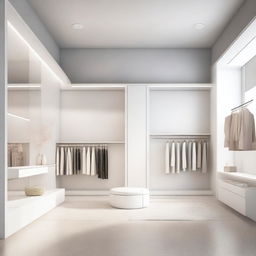 A high-quality digital art of a white dressing room in a clothing store