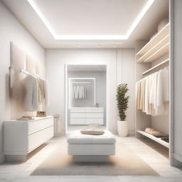 A high-quality digital art of a white dressing room in a clothing store