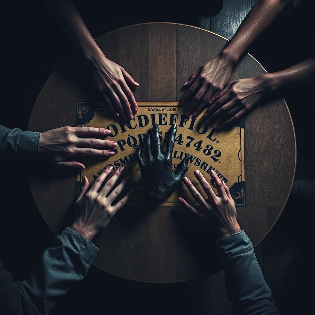 A top-down view of a terrifying scene featuring an oval table