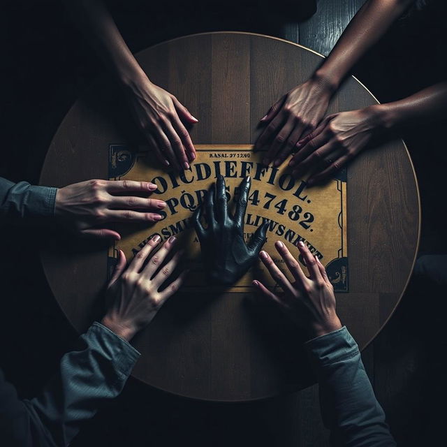 A top-down view of a terrifying scene featuring an oval table