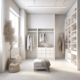 A high-quality digital art of a white dressing room in a clothing store