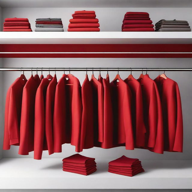 A high-quality photograph capturing a variety of red clothes meticulously arranged on hangers, reminiscent of a well-organized clothing store