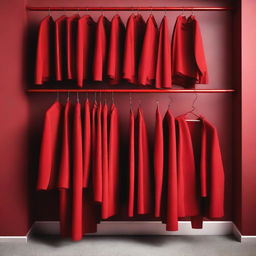 A high-quality photograph capturing a variety of red clothes meticulously arranged on hangers, reminiscent of a well-organized clothing store