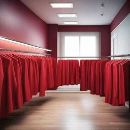 A high-quality photograph capturing a variety of red clothes meticulously arranged on hangers, reminiscent of a well-organized clothing store