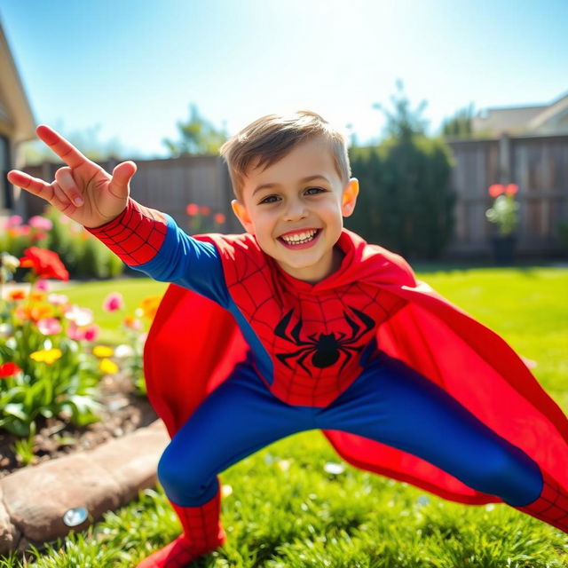 A young boy joyfully playing in his backyard, dressed in a superhero costume, resembling Spider-Man, complete with red and blue colors and the signature web pattern