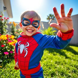 A young boy joyfully playing in his backyard, dressed in a superhero costume, resembling Spider-Man, complete with red and blue colors and the signature web pattern