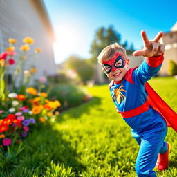 A young boy joyfully playing in his backyard, dressed in a superhero costume, resembling Spider-Man, complete with red and blue colors and the signature web pattern