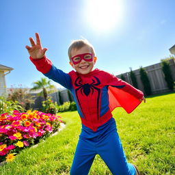A young boy joyfully playing in his backyard, dressed in a superhero costume, resembling Spider-Man, complete with red and blue colors and the signature web pattern