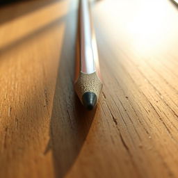 A realistic and detailed pencil resting on a textured wooden desk, the pencil has a sharpened graphite point and a subtle reflection on the surface, emphasizing its craftsmanship