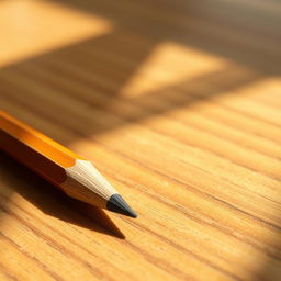 A realistic and detailed pencil resting on a textured wooden desk, the pencil has a sharpened graphite point and a subtle reflection on the surface, emphasizing its craftsmanship