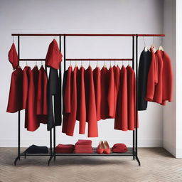 A high-quality photograph capturing a variety of red clothes meticulously arranged on hangers, reminiscent of a well-organized clothing store