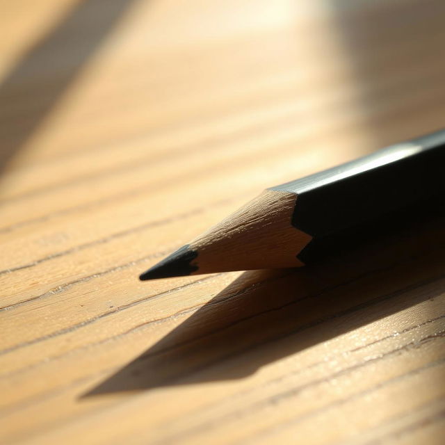 A realistic and detailed pencil resting on a textured wooden desk, the pencil has a sharpened graphite point and a subtle reflection on the surface, emphasizing its craftsmanship