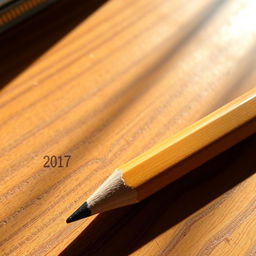 A realistic and detailed pencil resting on a textured wooden desk, the pencil has a sharpened graphite point and a subtle reflection on the surface, emphasizing its craftsmanship