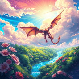 A vibrant anime-style illustration of a fantasy landscape, featuring a mythical creature soaring through a colorful sky filled with fluffy clouds