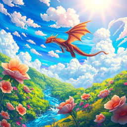 A vibrant anime-style illustration of a fantasy landscape, featuring a mythical creature soaring through a colorful sky filled with fluffy clouds