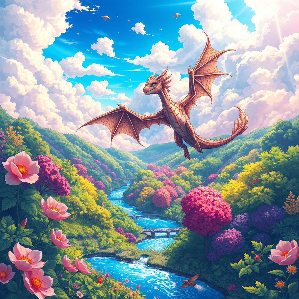 A vibrant anime-style illustration of a fantasy landscape, featuring a mythical creature soaring through a colorful sky filled with fluffy clouds