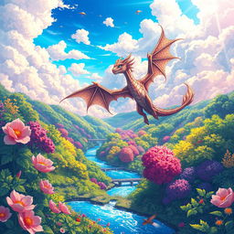 A vibrant anime-style illustration of a fantasy landscape, featuring a mythical creature soaring through a colorful sky filled with fluffy clouds