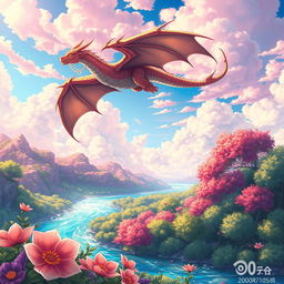 A vibrant anime-style illustration of a fantasy landscape, featuring a mythical creature soaring through a colorful sky filled with fluffy clouds