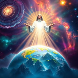 A breathtaking depiction of God creating the world, set in an ethereal, celestial background with vibrant colors