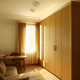 A meticulously organized study room boasting a comfortable bed and a spacious cupboard. The room is bathed in warm sunlight filtering through a window.