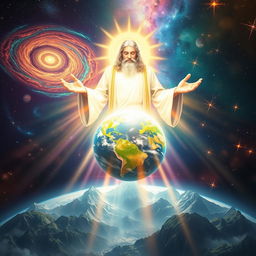 A breathtaking depiction of God creating the world, set in an ethereal, celestial background with vibrant colors