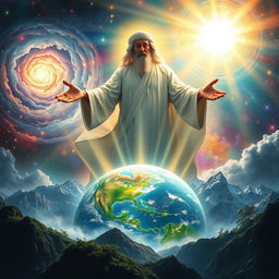 A breathtaking depiction of God creating the world, set in an ethereal, celestial background with vibrant colors