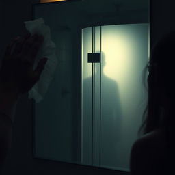In a dimly lit bathroom, a woman's hand reaches out to wipe away steam from a foggy mirror