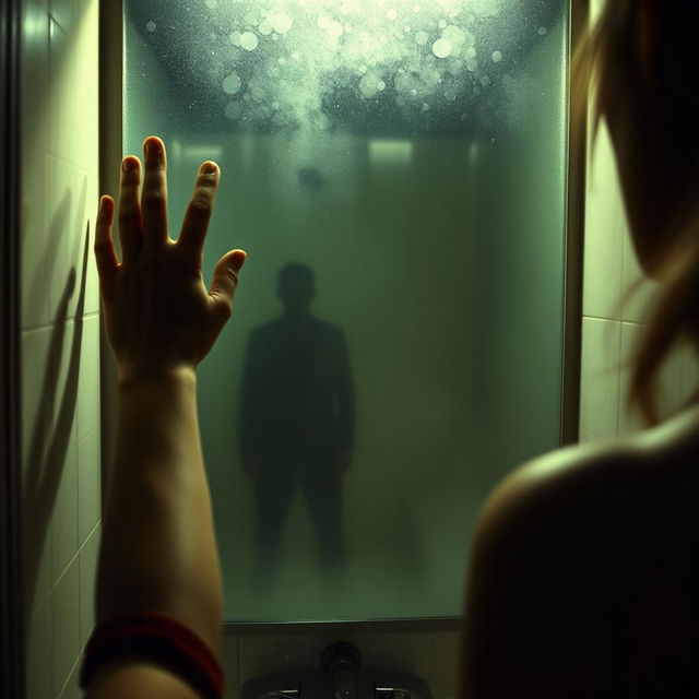 In a dimly lit bathroom, a woman's hand reaches out to wipe away steam from a foggy mirror