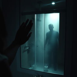 In a dimly lit bathroom, a woman's hand reaches out to wipe away steam from a foggy mirror