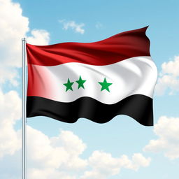 A detailed illustration of the flag of Syria, featuring three horizontal stripes in red, white and black from top to bottom, with two green stars in the white stripe