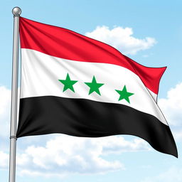 A detailed illustration of the flag of Syria, featuring three horizontal stripes in red, white and black from top to bottom, with two green stars in the white stripe