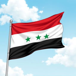 A detailed illustration of the flag of Syria, featuring three horizontal stripes in red, white and black from top to bottom, with two green stars in the white stripe
