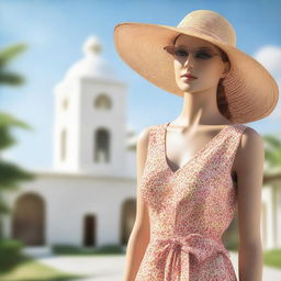 This image showcases a mannequin elegantly dressed in summer clothing