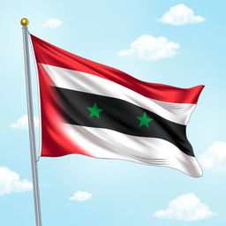 A detailed illustration of the flag of Syria, featuring three horizontal stripes in red, white and black from top to bottom, with two green stars in the white stripe