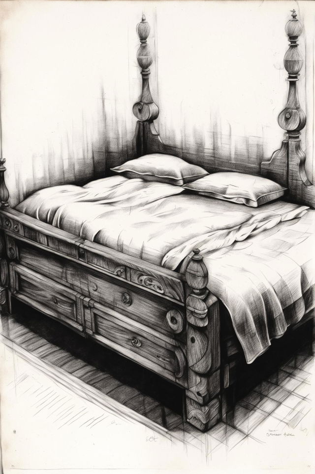 A high-quality, detailed pencil drawing of a classic bed with a wooden frame and intricately carved headboard