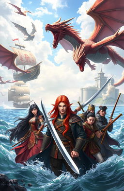 A fantasy scene titled 'Old Age Of Wonders', featuring a long-haired, red-haired male elf in the center, surrounded by a dark-haired female sorceress, a warrior brandishing a sword, a Japanese warrior wielding a katana, an Asian girl, and a musketeer