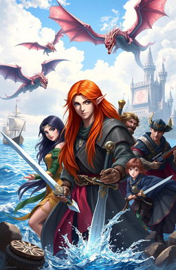 A fantasy scene titled 'Old Age Of Wonders', featuring a long-haired, red-haired male elf in the center, surrounded by a dark-haired female sorceress, a warrior brandishing a sword, a Japanese warrior wielding a katana, an Asian girl, and a musketeer