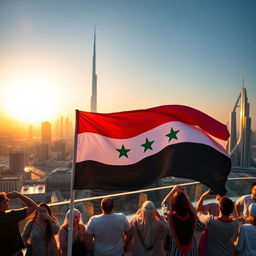 A vibrant scene of the Syrian flag proudly displayed in Dubai