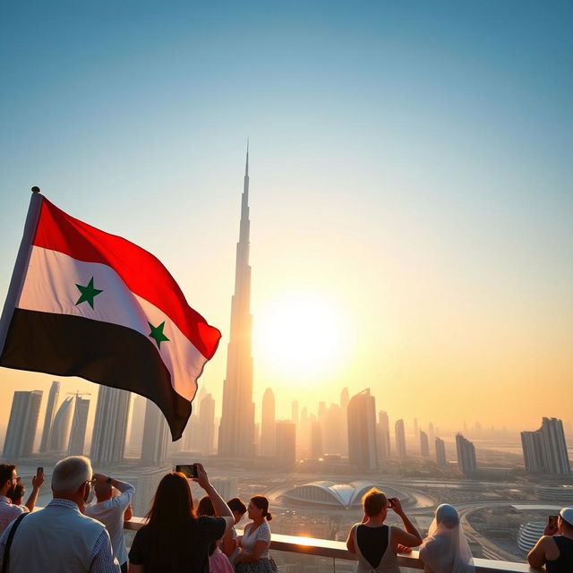 A vibrant scene of the Syrian flag proudly displayed in Dubai