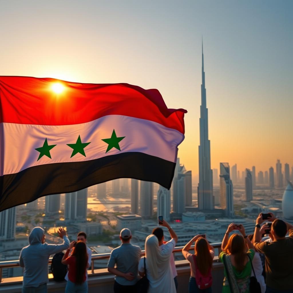 A vibrant scene of the Syrian flag proudly displayed in Dubai