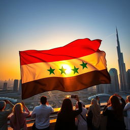 A vibrant scene of the Syrian flag proudly displayed in Dubai