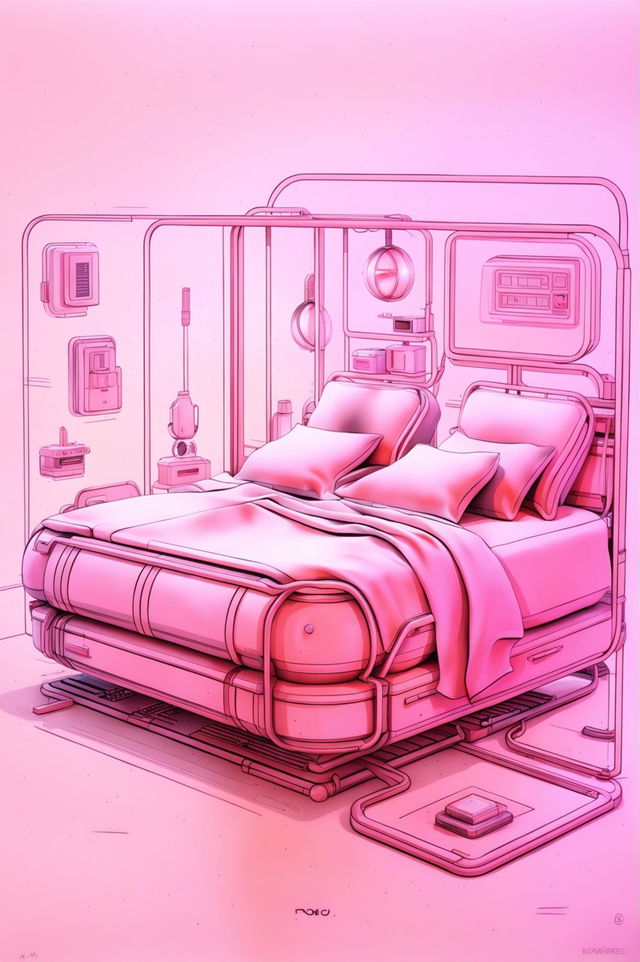 A high-quality, retro sci-fi inspired drawing of a bed in a soft pink pastel palette