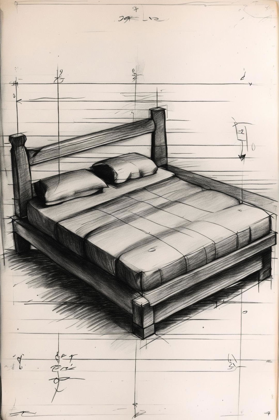 A high-quality pencil sketch of a bed, drawn on lined paper