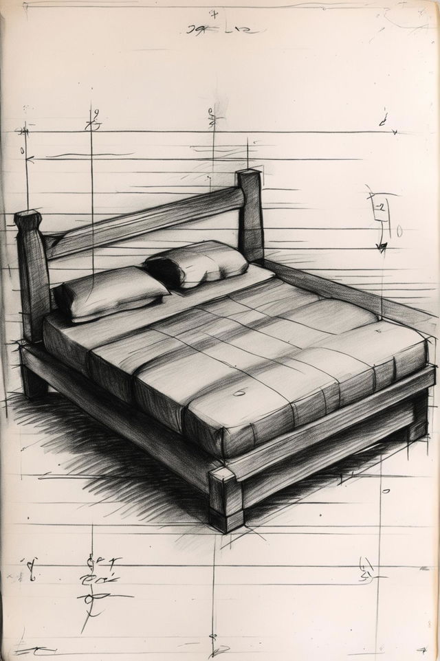 A high-quality pencil sketch of a bed, drawn on lined paper