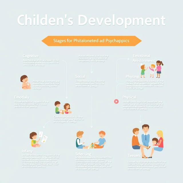 A visually engaging infographic illustrating various stages of children's development in psychology
