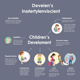 A visually engaging infographic illustrating various stages of children's development in psychology