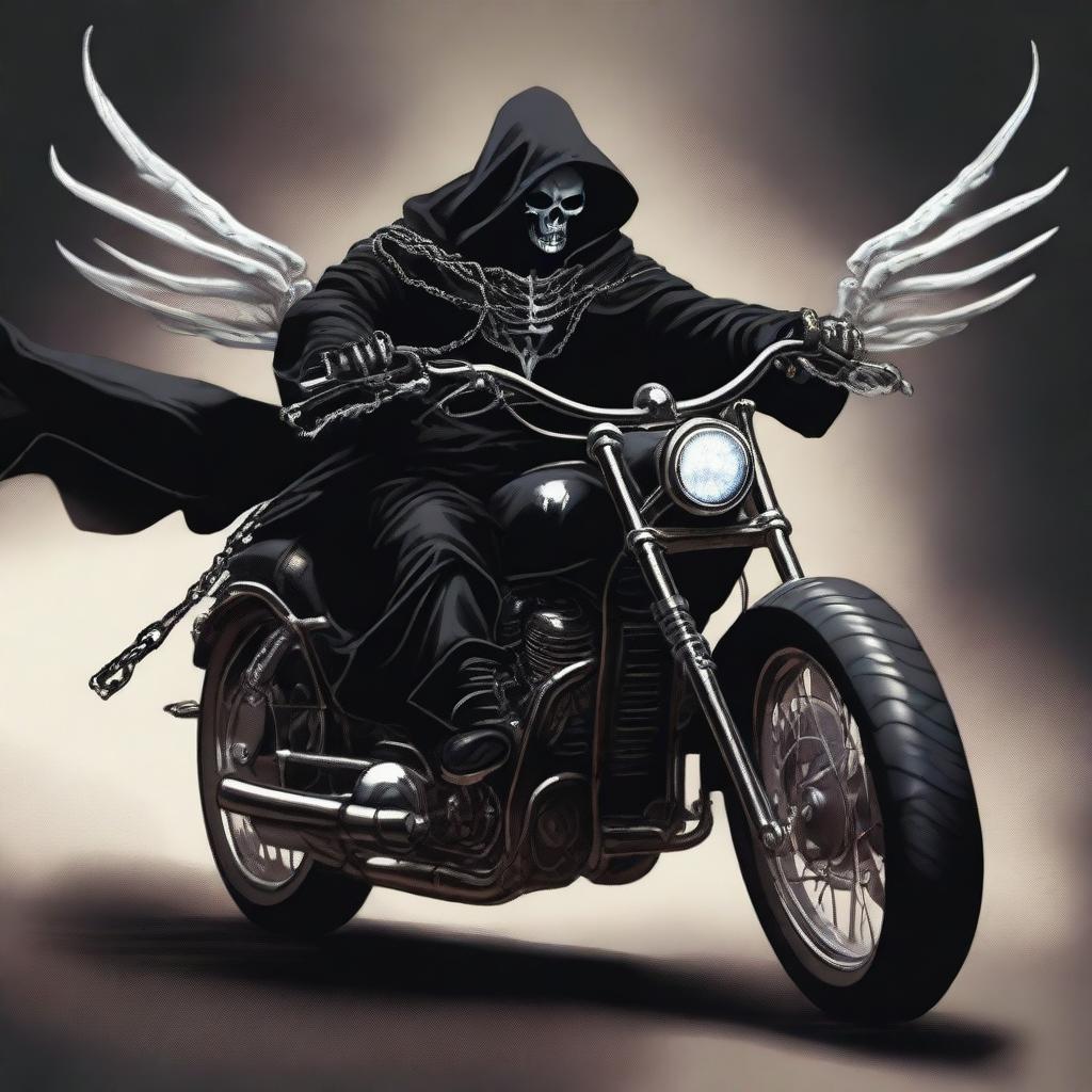 This is a digital art image of a bone necromancer in a black robe, riding a motorcycle