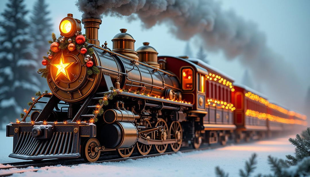 A stunning steampunk Christmas locomotive forged in polished bronze, featuring intricate gears and pipes releasing golden and silver steam, standing out against a snowy backdrop