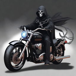 This is a digital art image of a bone necromancer in a black robe, riding a motorcycle