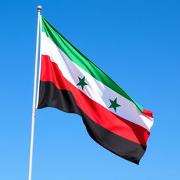 The flag of Syria featuring its distinctive horizontal stripes: a vibrant green stripe on the top, a white stripe in the middle, and a red stripe at the bottom
